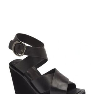 Black Leather Platform Wedge Strappy Sandals